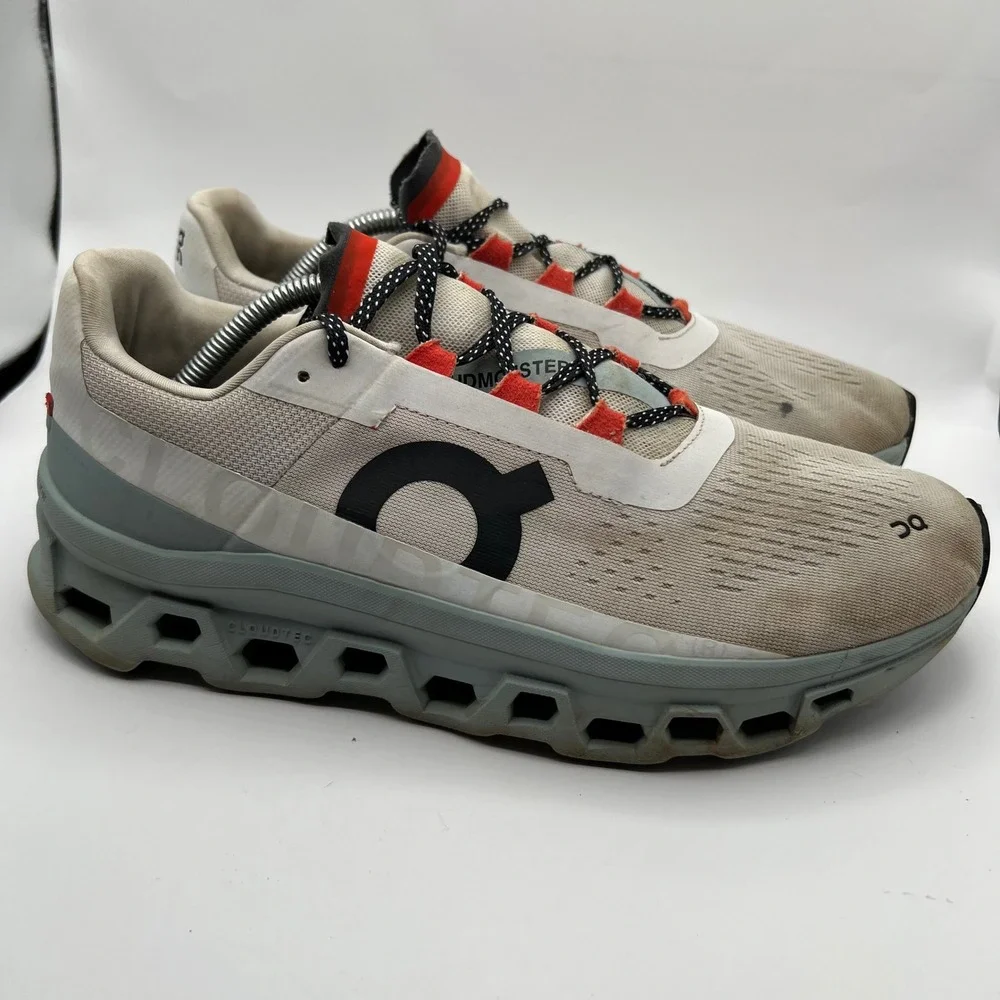 On Cloudmonster Mens Running Shoes Frost Surf Grey Orange sneakers Size 11.5